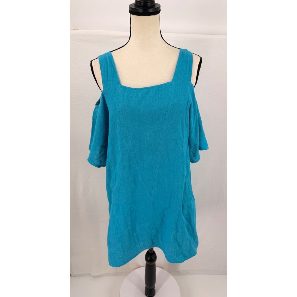 Soft Surroundings Cold Shoulder Tunic Womens XS Teal Blue Linen Blend Boho 29299